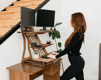 ESCRITORIO DE PIE, Soporte para computadora portátil, Estación de trabajo de madera, Oficina en casa, Escritorio moderno, Soporte de escritorio ajustable, Escritorio de pie para sentarse