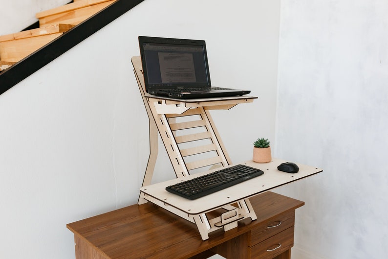 Standing desk laptop stand, Wood work station, Laptop stand, Modern desk, Adjustable desk stand, Vintage stand image 8