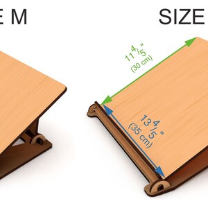 May include: Two wooden book stands in different sizes. The smaller stand is 8 2/5 inches tall and 11 4/5 inches wide. The larger stand is 13 4/5 inches wide and 11 4/5 inches tall.
