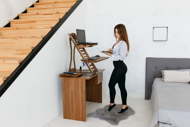 Standing desk laptop stand, Wood work station, Laptop stand, Modern desk, Adjustable desk stand, Vintage stand image 5