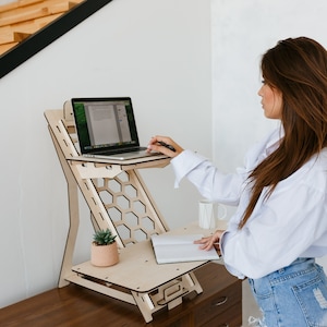Standing desk Wood work station Laptop stand Modern desk Adjustable desk stand Vintage stand