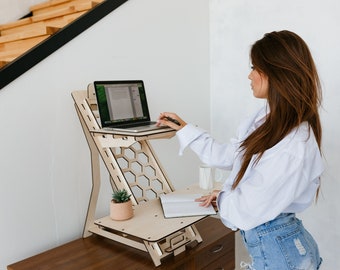Standing desk Wood work station Laptop stand Modern desk Adjustable desk stand Vintage stand