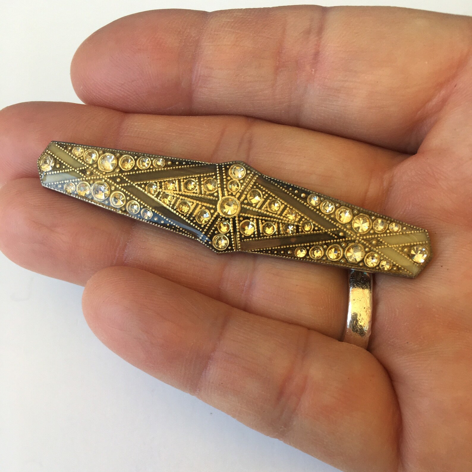 Art Deco Bar Brooch Pierre Bex Silver Plated Copper Crystal Etsy