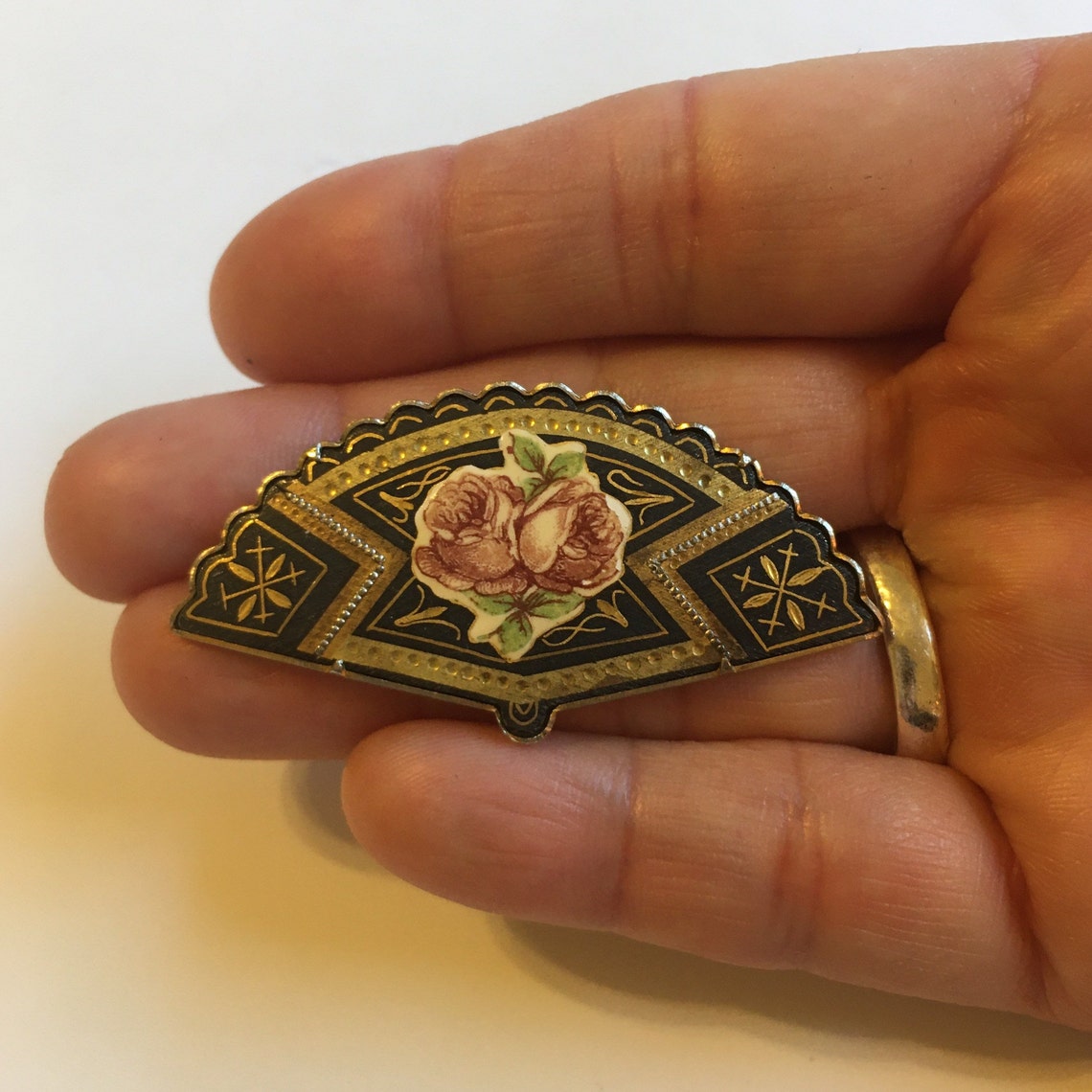 Damascene Spanish Fan Brooch Floral Enamel Rose Pink Black Etsy