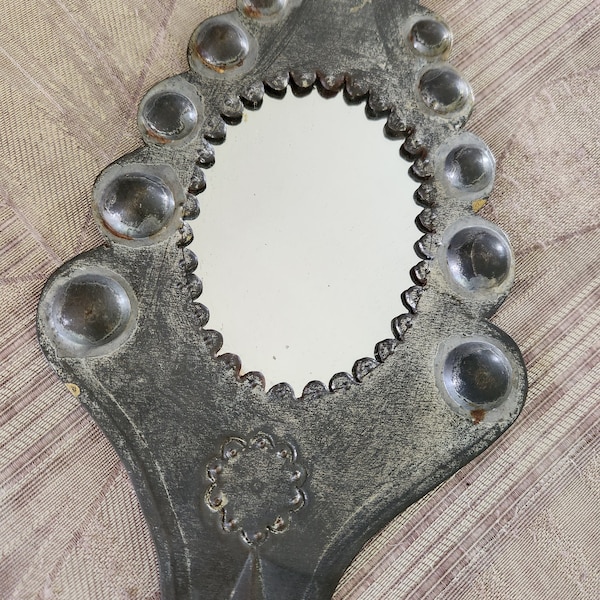 Vintage Antique Handmade Tin Mirror and Candle Holder One of a Kind Rustic