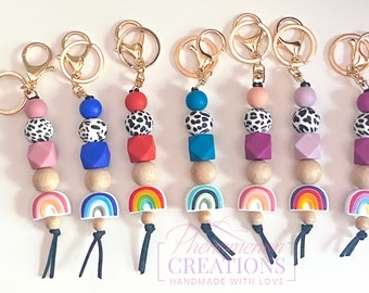 Boho Rainbow Keychain, Rainbow Keychain, Birthday Gift, Cow Bead, Silicone and Wood Beads, Valentine’s Day Gift, gift for her