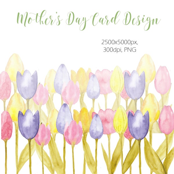 Happy Mother's Day Card Hand Painted Printable, Tulip Arrangement Stationery, Watercolor Tulips Digital PNG, Tulip flower, Easter, Spring.