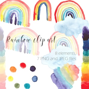 Classic Rainbow PNG, Rainbow Watercolor Clipart Set, Painted Rainbow PNG, Rainbow and Clouds Sublimation, Rainbows 8 elements, Hand drawn