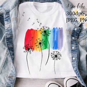 Regenbogen Löwenzahn Wunsch-t-Shirt, Sublimation Download PNG, botanische Tshirt, Wildflower Tee, Garten-Shirt, Pflanze Tee, Blume Tee, Damen T-Shirts