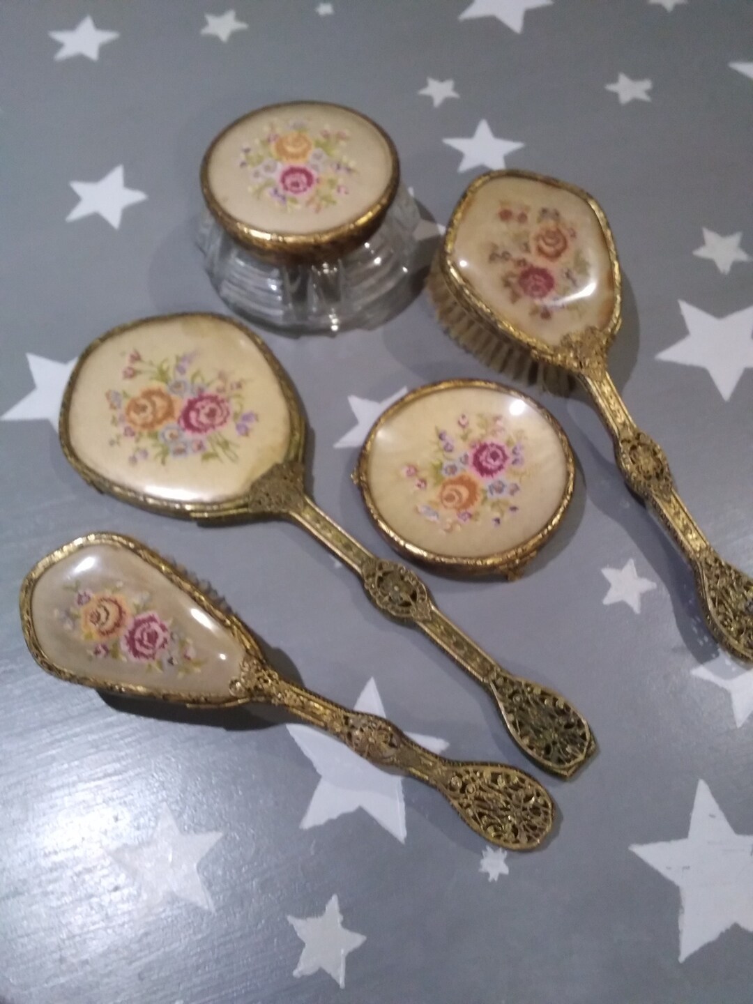 Vintage Regent of London Petit Point 5 Piece Dressing Table Vanity Set