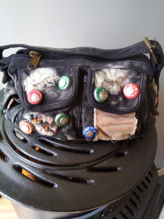 Black Denim Handbag Decorated with Bottle Caps