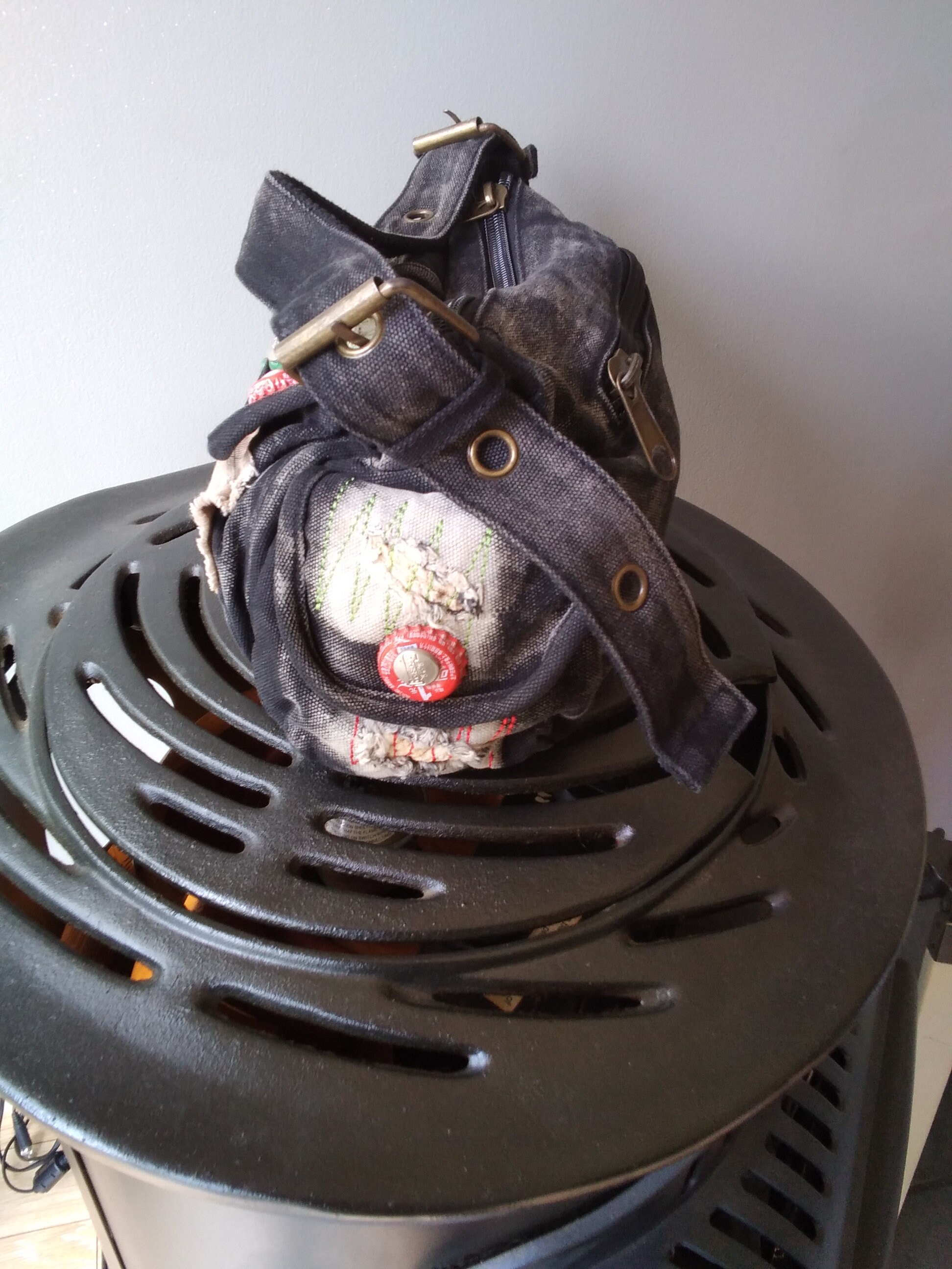 Black Denim Handbag Decorated With Bottle Caps 