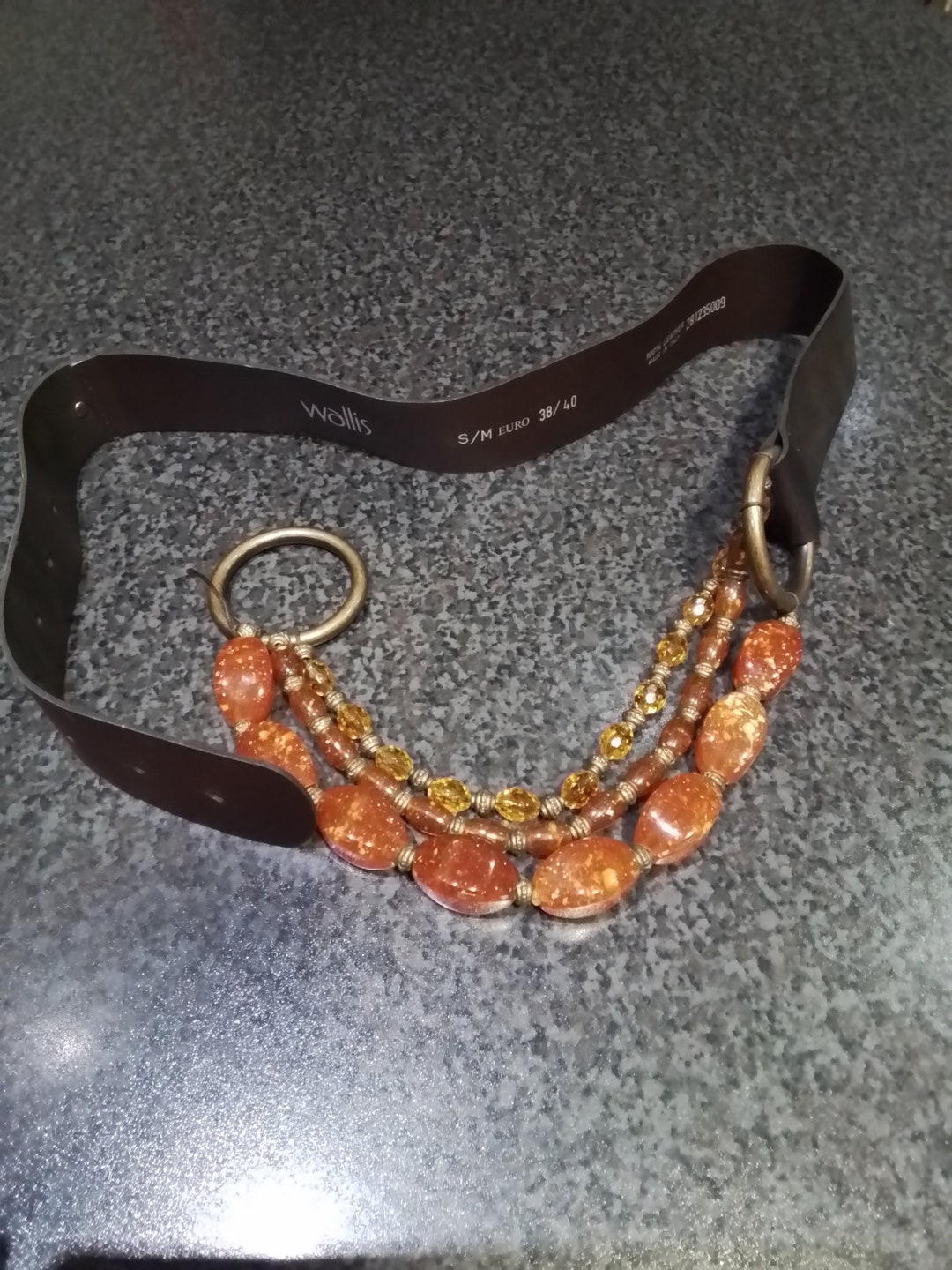 Vintage Boho Italian Leather, Brass and Beaded Belt. Wallis  display picture 2