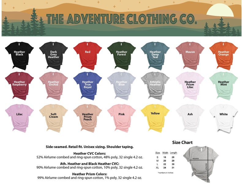May include: A color chart of t-shirt colors offered by The Adventure Clothing Co. The chart shows 18 different colors, including Heather Black, Dark Grey Heather, Red, Heather Forest, Heather Deep Teal, Mauve, Heather Orange, Heather Raspberry, Heather Orchid, Heather True Royal, Heather Blue, Athletic Heather, Heather Prism Lilac, Heather Mint, Lilac, Soft Cream, Heather Prism Peach, Pink, Yellow, Ash, and White. The chart also includes information about the fabric composition and weight of the t-shirts.