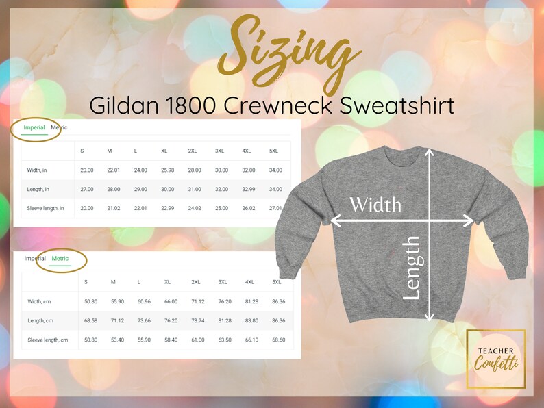 May include: A size chart for Gildan 1800 crewneck sweatshirts, showing measurements in inches and centimeters for sizes S through 5XL. The chart includes width, length, and sleeve length measurements.