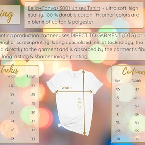 May include: Unisex t-shirt sizing chart in inches and centimeters. The chart shows the width and length measurements for sizes XS to 3XL. The chart is on a background of blurred lights.