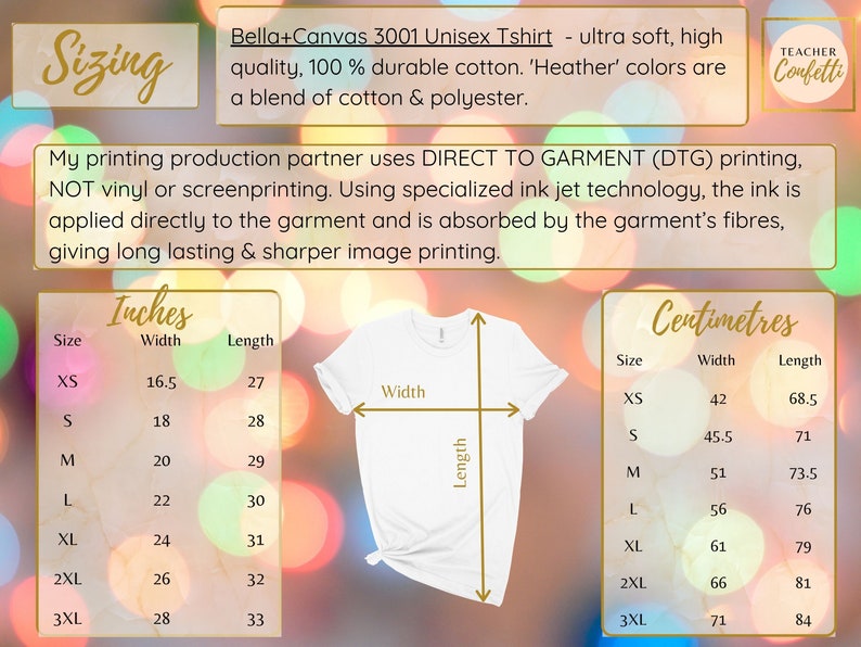 May include: Unisex t-shirt sizing chart in inches and centimeters. The chart shows the width and length measurements for sizes XS to 3XL. The chart is on a background of blurred lights.