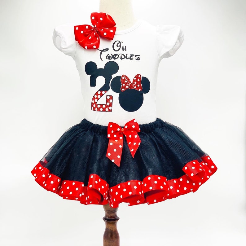 Minnie Birthday Outfit With Black Trim Tutu and Red Polka Dot Ribbon Minnie Red Glitter Bow Personalize Birthday Name and Number Outfit