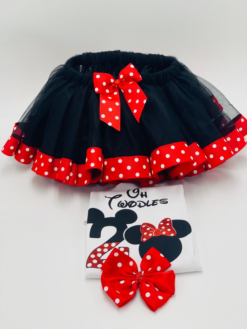Minnie Birthday Outfit With Black Trim Tutu and Red Polka Dot Ribbon Minnie Red Glitter Bow Personalize Birthday Name and Number Outfit