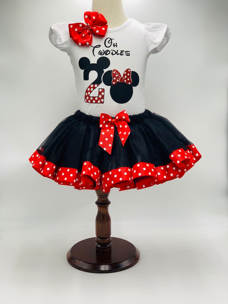 Minnie Birthday Outfit With Black Trim Tutu and Red Polka Dot Ribbon Minnie Red Glitter Bow Personalize Birthday Name and Number Outfit