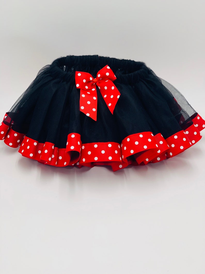 Minnie Birthday Outfit With Black Trim Tutu and Red Polka Dot Ribbon Minnie Red Glitter Bow Personalize Birthday Name and Number Outfit