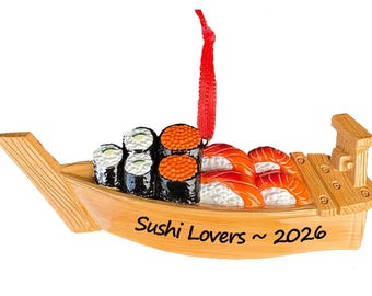 Sushi Ornament Personalized 2026, Sushi Boat Christmas Ornament, Japanese Food Gift for Sushi Lover, Foodie, Sushi Chef, Couple or Family