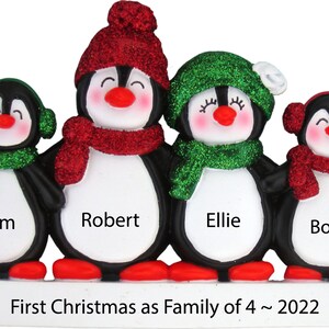 May include: A Christmas ornament featuring four penguins wearing winter accessories. The penguins are lined up side-by-side with their names written below them: Sam, Robert, Ellie, and Bob. The ornament also includes the text "First Christmas as Family of 4 ~ 2022".