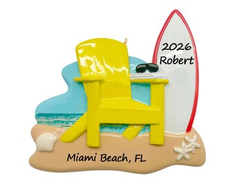 Beach Chair Ornament Personalized 2026, Surfboard Christmas Gift for Surfer Beach Lover, Coastal Beach Vacation Summer Trip Keepsake