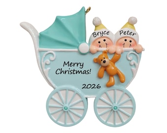 Twins First Christmas Ornament Personalized 2026, Twin Babies Double Stroller Christmas Gift for New Parents, Twin Boys Girls Keepsake