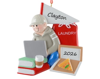 College Student Ornament Personalized 2026, College Dorm Life Christmas Gift, Freshman Keepsake with Laptop Laundry Pizza, University Gift