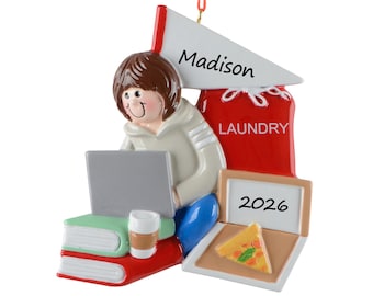 College Student Ornament Personalized 2026, Dorm Life Christmas Gift, College Freshman Keepsake with Laptop Laundry Pizza, University Gift