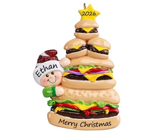 Hamburger Ornament Personalized 2026, Burger Christmas Ornament, Funny Cheeseburger Gift for Burger Lover Foodie Cook Chef Restaurant Worker