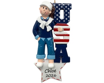 USA Ornament Personalized 2026, Patriotic American Woman Christmas Ornament, American Flag Gift for Women, Mom Wife Daughter Grandma