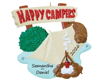 Happy Campers Ornament Personalized 2026, Camping Christmas Gift for Couples Family, Tent Campfire Camping Trip Outdoor Adventure Keepsake