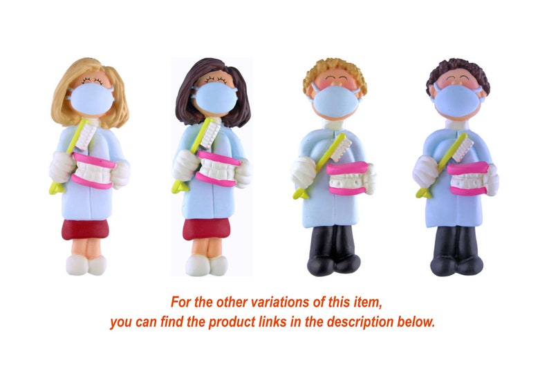 May include: Four figurines of dentists wearing blue coats and face masks, holding toothbrushes and a set of teeth. The figurines are in different colors and have different hair styles.