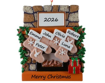 Family of 6 Fireplace Ornament Personalized 2026, Family of Six Christmas Ornament, 6 Name Stockings Keepsake, Gift for Parents Grandparents