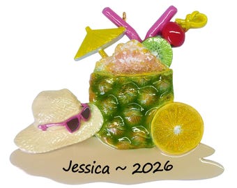 Cocktail Ornament Personalized 2026, Tropical Drink Christmas Gift, Pina Colada Margarita Keepsake for Beach Vacation Tiki Bar Pool Party
