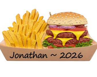 Burger and Fries Ornament Personalized 2026, Hamburger Cheeseburger Christmas Ornament, Fast Food Gift for Foodie Burger Lover, Kids Teens