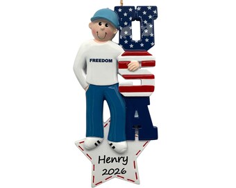 USA Ornament Personalized 2026, Patriotic American Man Christmas Ornament, American Flag Gift for Men, Dad Husband Grandpa Son