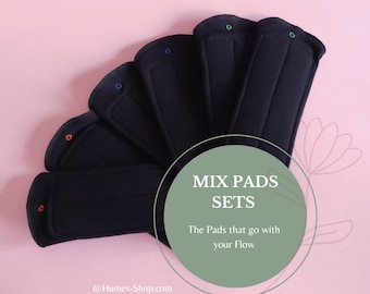 Set of 6 MIX flow Period Cloth Pads/Liners/Regular/Heavy Flow/With Eco-PUL & Organic Cotton Absorptive Core/Starter Cotton black pack