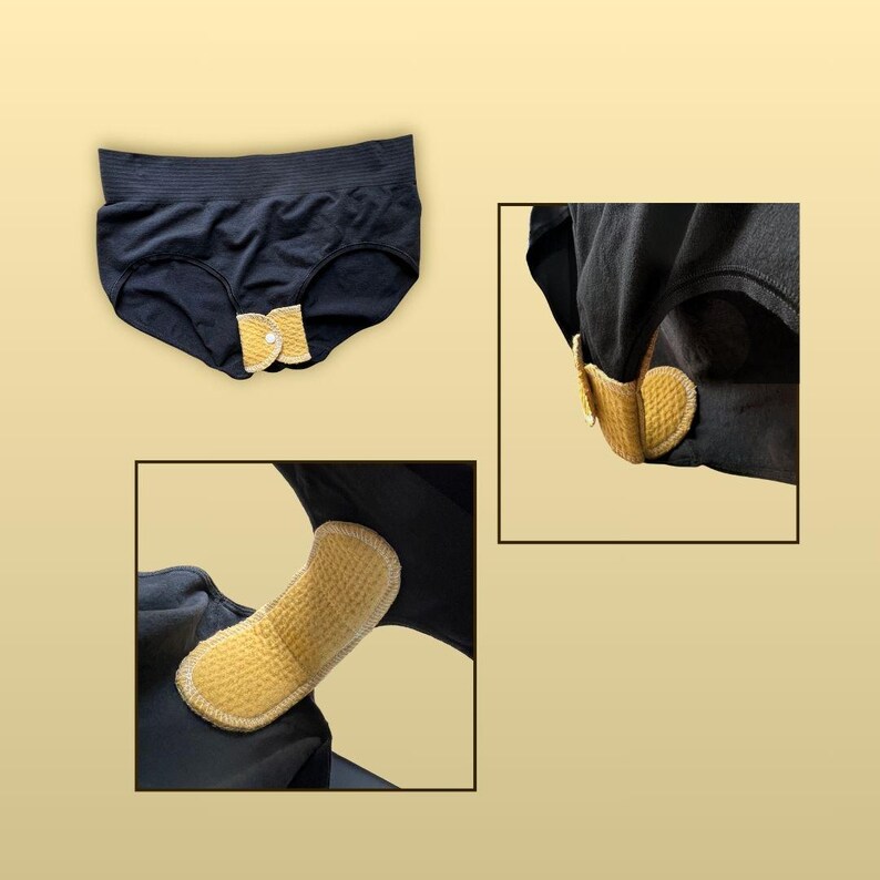 Collage showing a Golden Sand reusable cloth pad placed inside black underwear and the two snap wings closed underneath to demonstrate how the pad is worn.