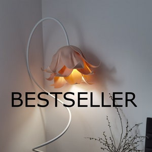 Modern floor lamp for warm,elegant home,Powder rose/beige standing lamp, bluebell shaped light shade, Unique housewarming or birthday gift, image 1