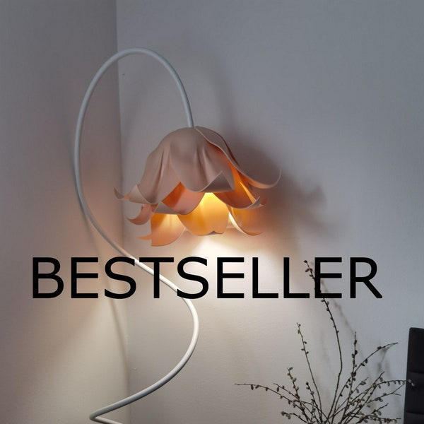 Modern floor lamp for warm,elegant home,Powder rose/beige standing lamp, bluebell shaped light shade, Unique housewarming or birthday gift,