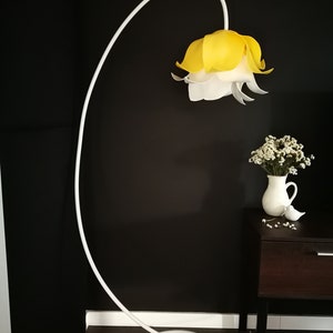 Elegant and unique floor lamp for living room, yellow and white lamp accent, white flower accent, minimalist bluebell lights, gift for her image 4