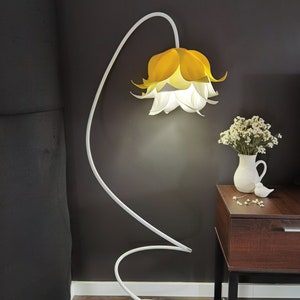 Elegant and unique floor lamp for living room, yellow and white lamp accent, white flower accent, minimalist bluebell lights, gift for her image 2