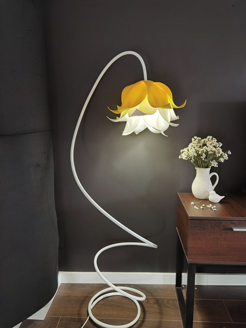 Elegant and unique floor lamp for living room, yellow and white lamp accent, white flower accent, minimalist bluebell lights, gift for her image 2