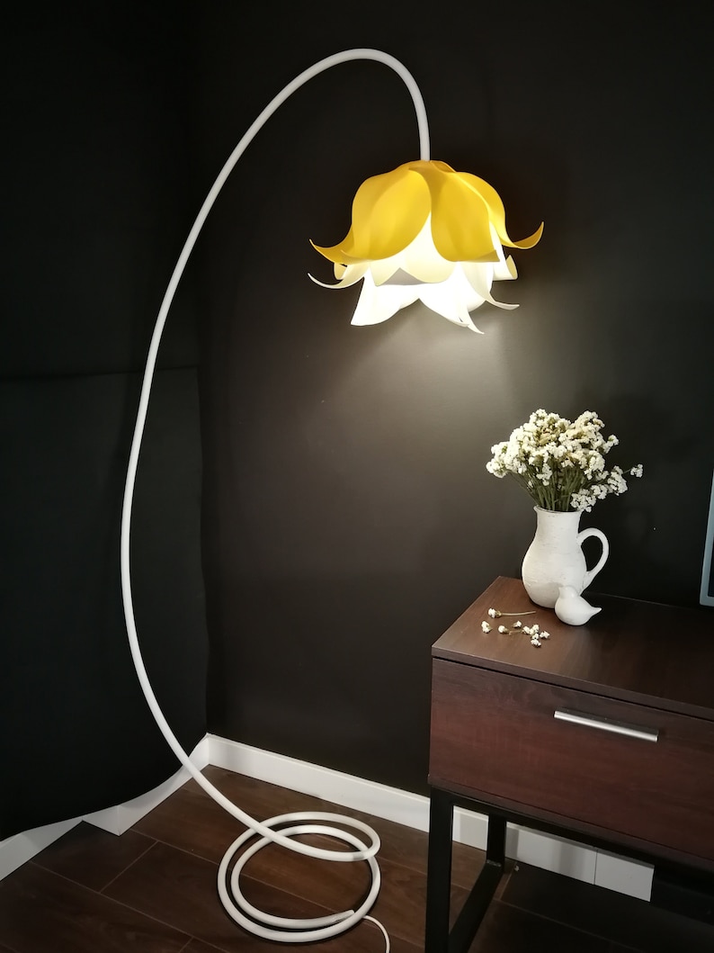 Elegant and unique floor lamp for living room, yellow and white lamp accent, white flower accent, minimalist bluebell lights, gift for her image 3