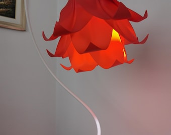 Red unique floor lamp for living room, red arc lamp accent, bluebell flower accent, minimalist home decor, elegant gift for her