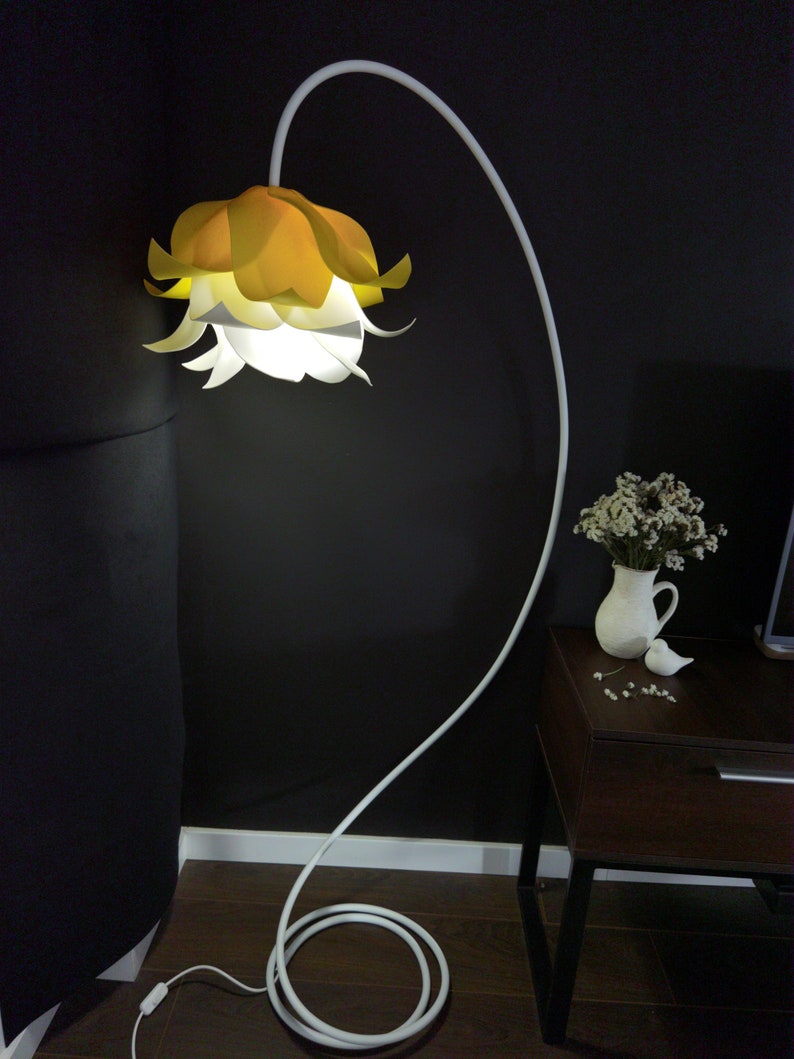 Elegant and unique floor lamp for living room, yellow and white lamp accent, white flower accent, minimalist bluebell lights, gift for her image 8