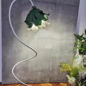 Green and white bluebell shaped floor lamp, Adjustable minimalist lights, flower accent,coyz home nights,reading corner lamp, bookworm gifts